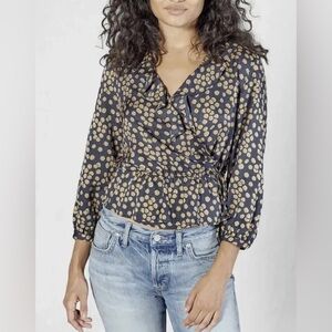 Outerknown Rhiannon Navy Blue and Gold Tie Wrap Blouse- NWT